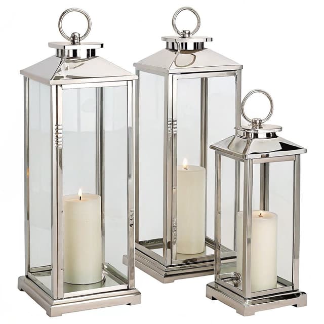 3-PC Set Jumbo Luxury Modern Indoor/Outdoor Hurricane Candle Lantern Set with Chrome Plated Structur